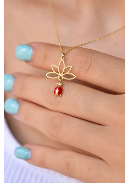 Gümüş Kaplama Uğur Böceği Lotus Çiçeği Kolye 925 Ayar