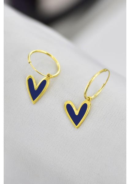 925 Ayar Gümüş Kaplama Lacivert Mineli Kalp Halka Küpe