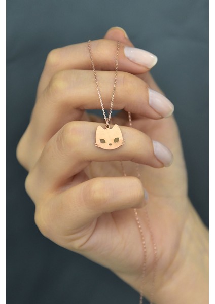 925 Ayar Kaplama Plaka Kesim Gümüş Kedi Kolye