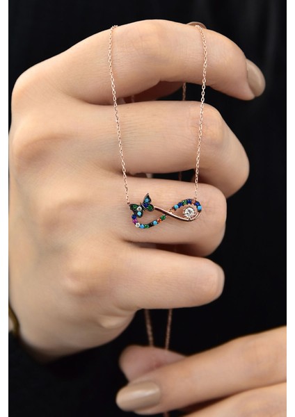 925 Ayar Gümüş Kaplama Renkli Taşlı Kelebek Kolye