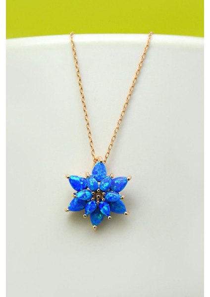 Kadın Mavi Opal Taşlı Kamelya Gümüş Kolye fiyatları