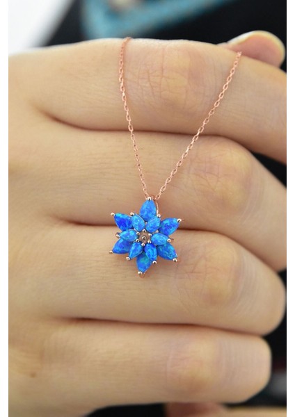 Kadın Mavi Opal Taşlı Kamelya Gümüş Kolye modelleri