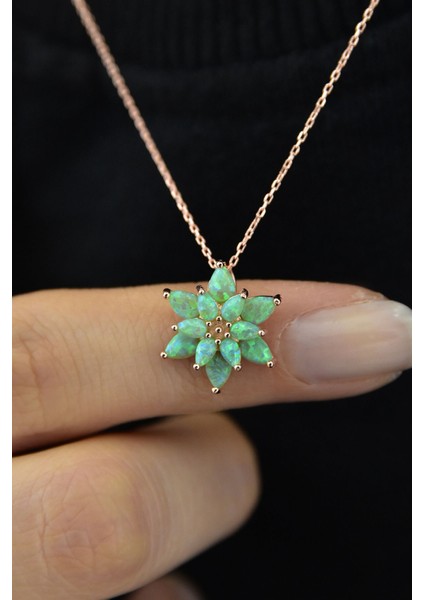 925 Ayar Gümüş Yeşil Doğal Opal Taşlı Lotus Kolye fiyatları