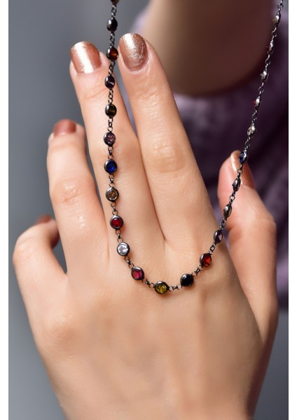 925 Ayar Gümüş Sıralı Zirkon Mix Taşlı Tiffany Kolye