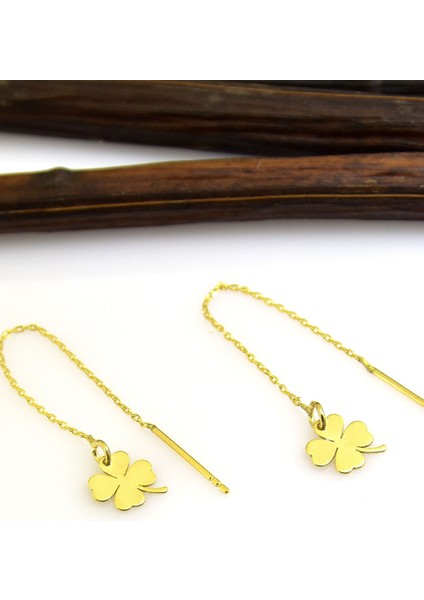 925 Ayar Gümüş Kaplama Çift Yonca Zincir Kadın Küpe