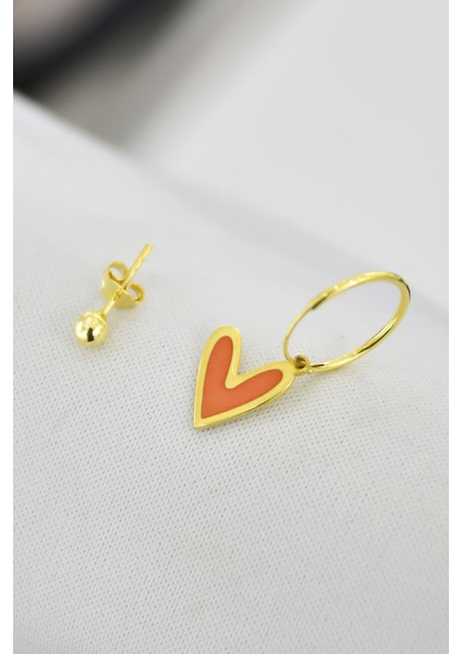 925 Ayar Gümüş Kaplama Turuncu Mineli Kalp Halka ve Top Küpe