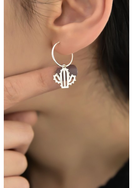 925 Ayar Gümüş Kaplama Kaktüs Figürlü Halka ve Top Küpe