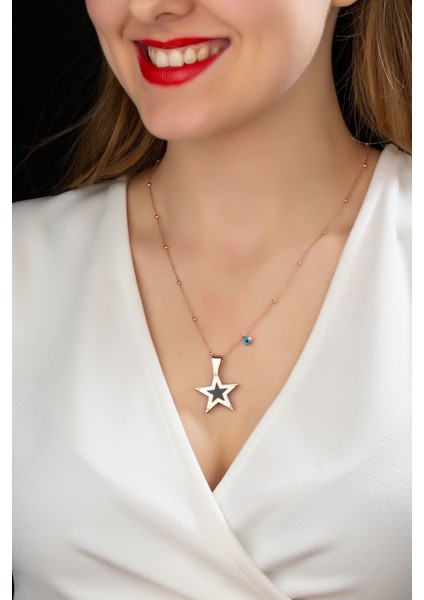 925 Ayar Top Zincirli Siyah Sedef Taşlı Gümüş Yıldız Kolye