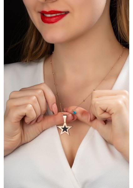 925 Ayar Top Zincirli Siyah Sedef Taşlı Gümüş Yıldız Kolye fiyatları