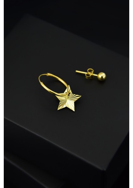 925 Ayar Gümüş Kaplama Fırfırlı Yıldız Halka ve Top Küpe