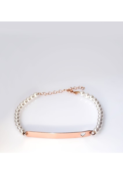 925 Ayar Gümüş Kaplama Kalpli Plaka Incili Bileklik