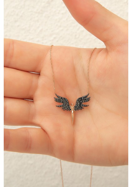 Melek Kolye. Kaplama Siyah Nano Zirkon Taşlı 925 Ayar Gümüş.