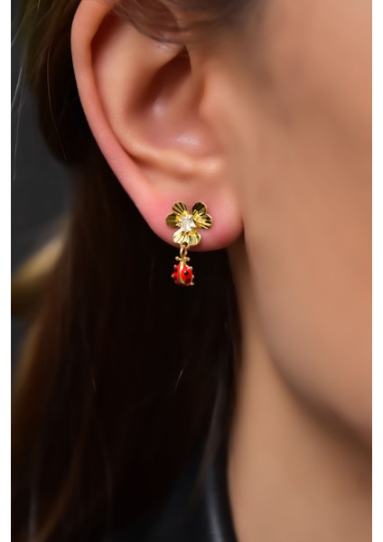 925 Ayar Gümüş Kaplama Kristal Kesim Uğur Böcekli Frezya Çiçeği Küpe modelleri