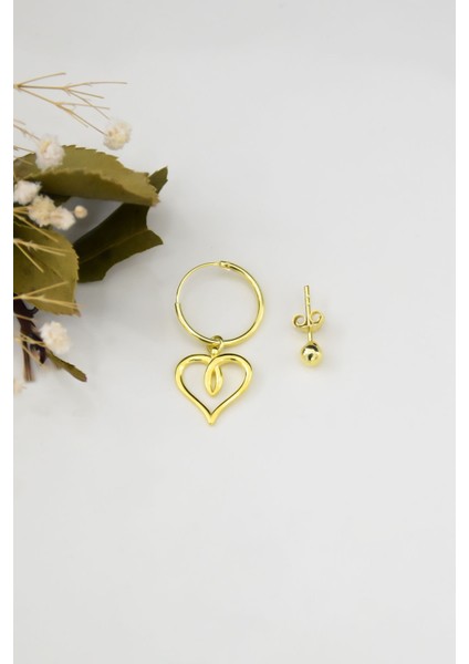 925 Ayar Gümüş Kaplama Kalp Halka ve Top Küpe