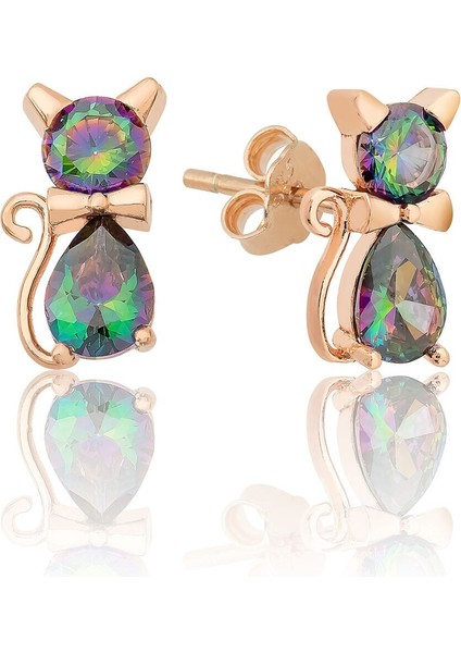 925 Ayar Kaplama Mistik Topaz Taşlı Gümüş Kedi Küpe