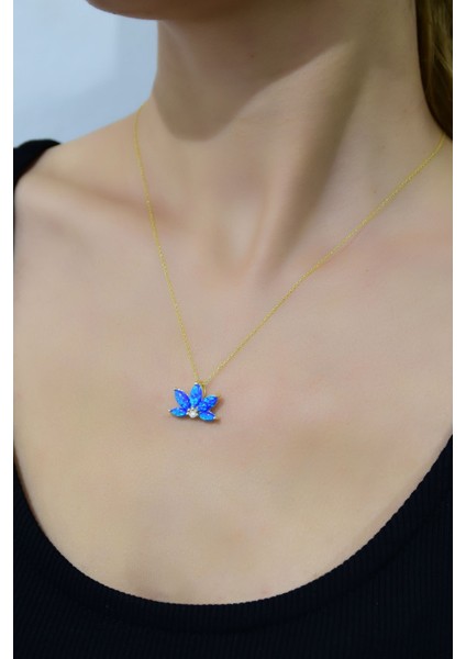 925 Ayar Gümüş Kaplama Opal Taşlı Lotus Kolye
