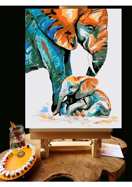 N1183 - Numaralı Boyama Seti - 40X50CM Kasnağa Gerili Ürün - Fil ve Yavrusu