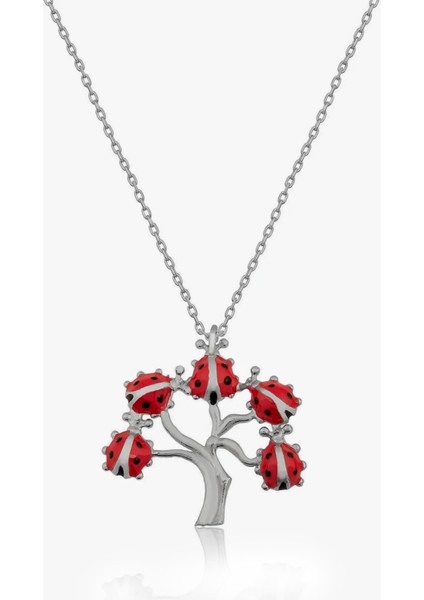 925 Ayar Gümüş Kaplama Kaplama Uğur Böcekli Hayat Ağacı Kolye