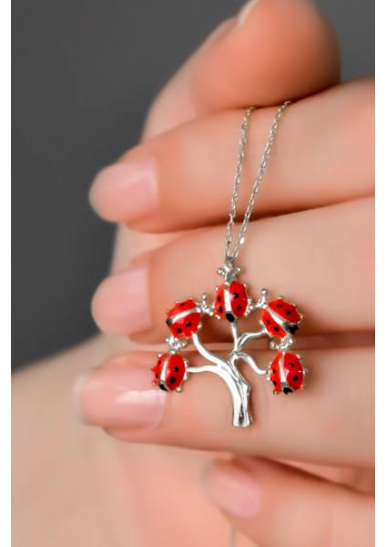 925 Ayar Gümüş Kaplama Kaplama Uğur Böcekli Hayat Ağacı Kolye fiyatları