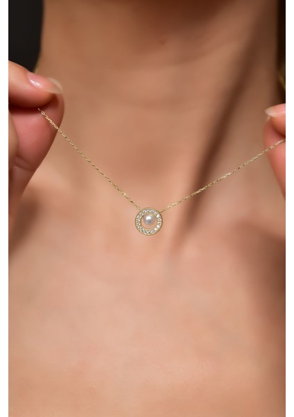 925 Ayar Gümüş Kaplama Incili Yuvarlak Kolye