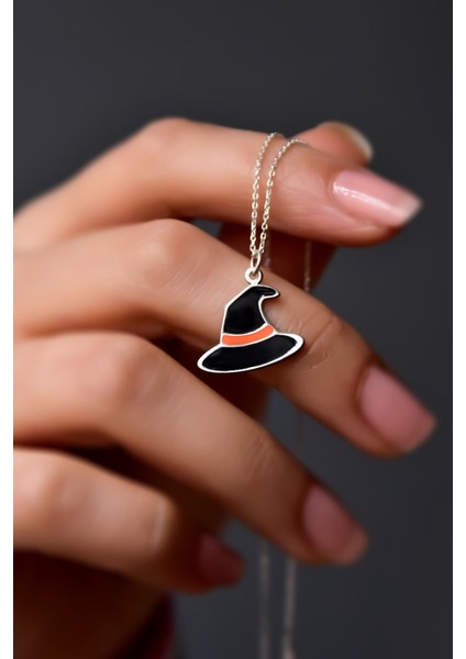 925 Ayar Gümüş Kaplama Siyah Mineli Cadılar Bayramı, Cadı Şapkası Kolye