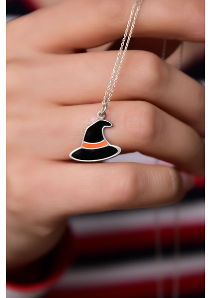 925 Ayar Gümüş Kaplama Siyah Mineli Cadılar Bayramı, Cadı Şapkası Kolye fiyatları