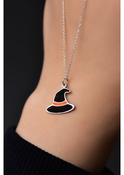 925 Ayar Gümüş Kaplama Siyah Mineli Cadılar Bayramı, Cadı Şapkası Kolye modelleri