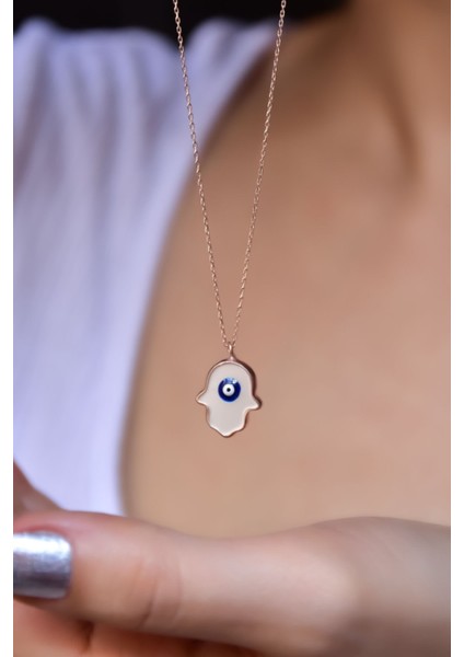 925 Ayar Gümüş Kaplama Nazar Mineli Sedef Fatma Eli Kolye