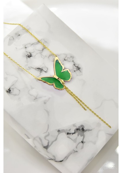 925 Ayar Gümüş Parlayan Rüya Serisi Ebruli Cam Boyamalı Zincir Sallantılı Kelebek Kolye