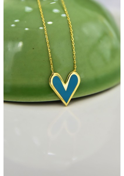 925 Ayar Gümüş Kaplama Koyu Mavi Mineli Kalp Kolye
