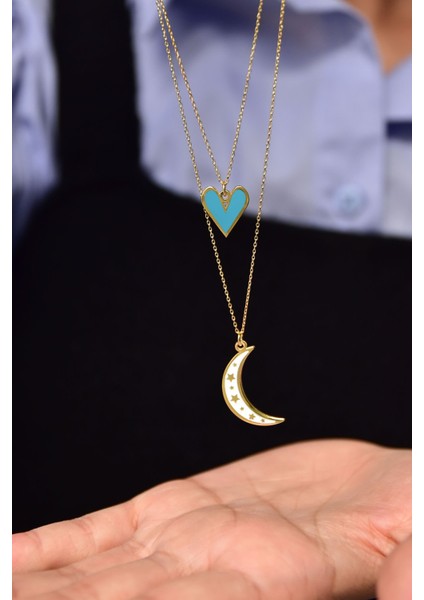 925 Ayar Gümüş Mineli Mavi Kalp Beyaz Ay Asansör Kolye