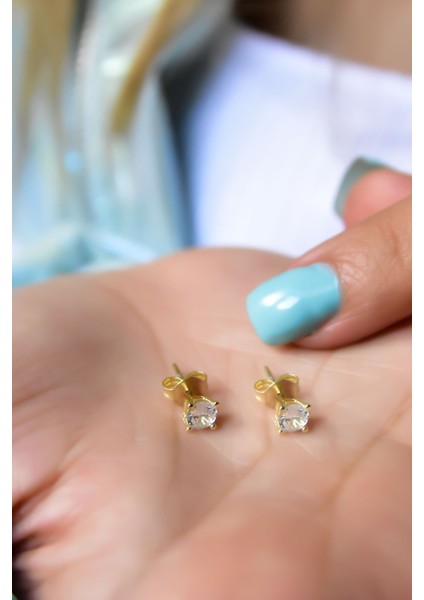925 Ayar Gümüş Kaplama Zirkon Taşlı Tektaş Küpe 4,0 mm. modelleri