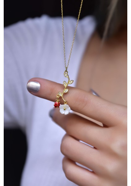 925 Ayar Gümüş Kaplama Uğur Böcekli Manolya Sedef Çiçek Kolye modelleri