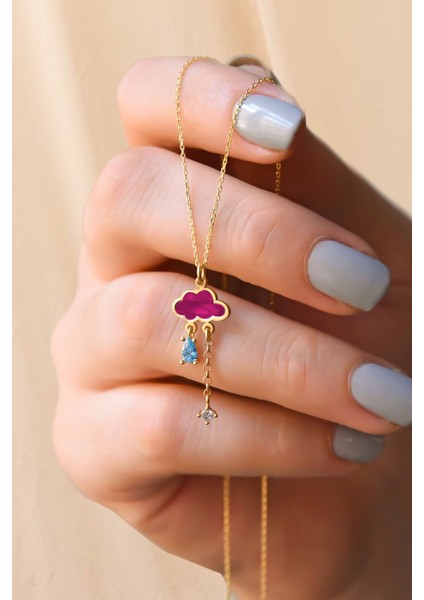 925 Ayar Gümüş Kaplama Pembe Sedef Taşlı Yağmur Bulut Kolye