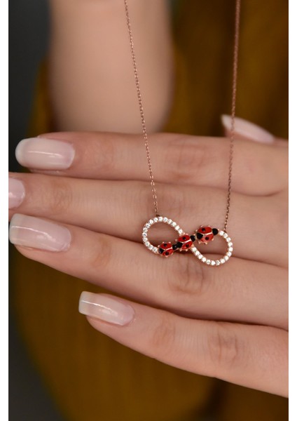 925 Ayar Gümüş Kaplama Uğur Böcekli Sonsuzluk Kolye