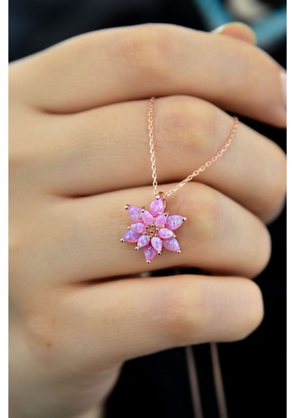 925 Ayar Gümüş Pembe Doğal Opal Taşlı Lotus Kolye