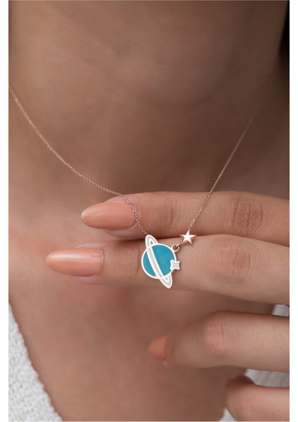 925 Ayar Gümüş Gezegen Kolye Mavi Mine Dolgulu Kaplama