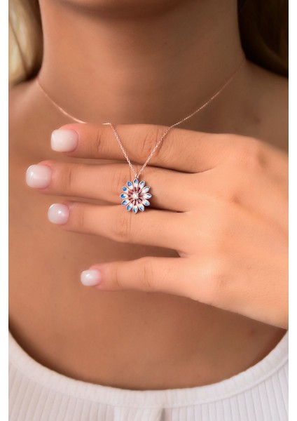 925 Ayar Gümüş Kaplama Mavi Mineli Papatya Kadın Kolye