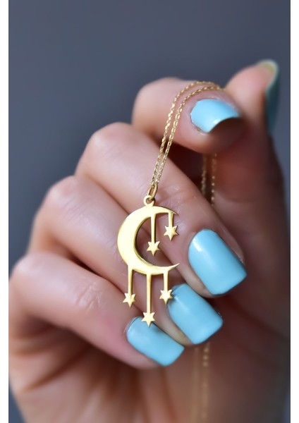 925 Ayar Gümüş Kaplama Kesim Dilek Yıldızı Hilal Kolye