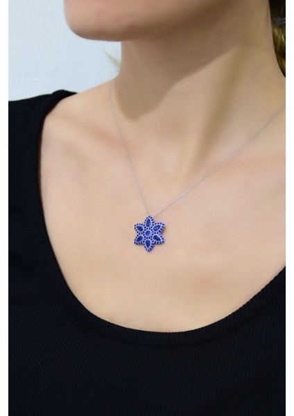 925 Ayar Gümüş Kaplama Safir Damla Lotus Kolye