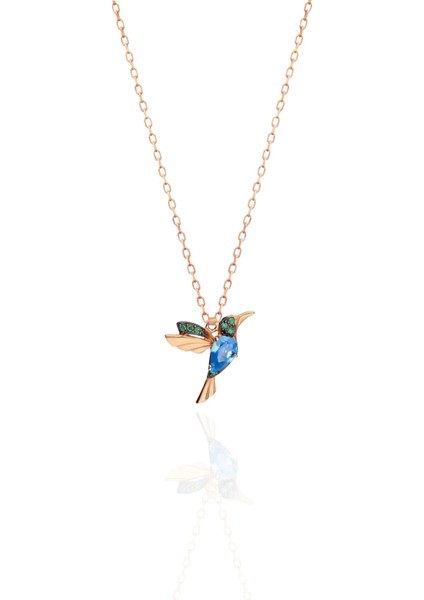 925 Ayar Gümüş Kaplama Akua ve Yeşil Taşlı Kuş Kolye