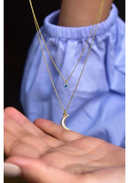 925 Ayar Gümüş Kaplama Tektaş Beyaz Ay Asansör Kolye