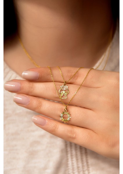 925 Ayar Gümüş Kaplama Asansörlü Kesim Kalemli Prenses ve Güneş Kolye