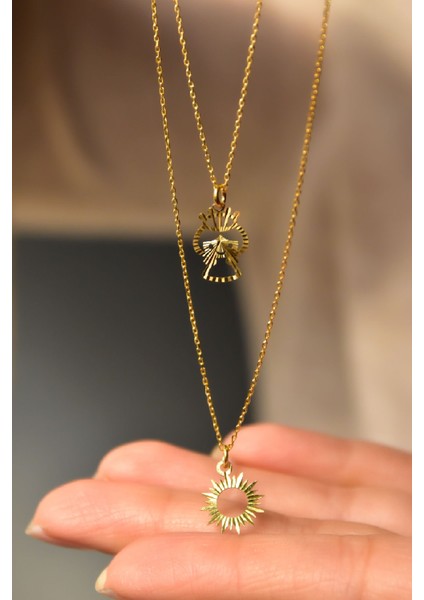 925 Ayar Gümüş Kaplama Asansörlü Kesim Kalemli Prenses ve Güneş Kolye modelleri