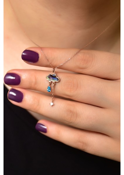 925 Ayar Gümüş Kaplama Karışık Renk Desenli Sedef Yağmur Bulut Kolye