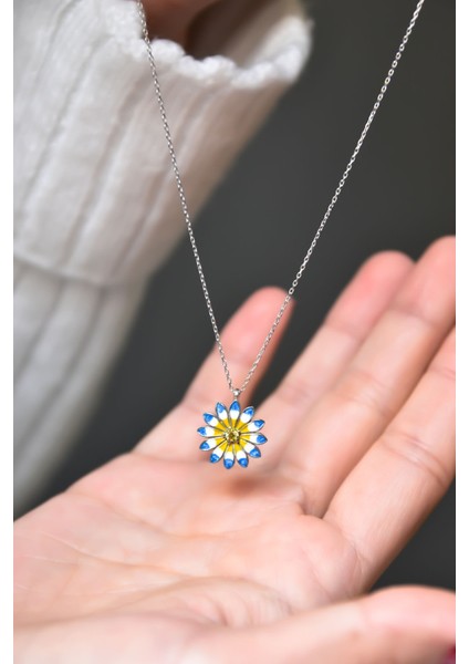 925 Ayar Gümüş Kaplama Mineli Tektaş Papatya Kolye