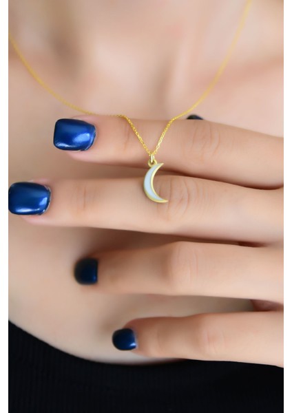 925 Ayar Gümüş Kaplama Beyaz Mineli Hilal Kadın Kolye