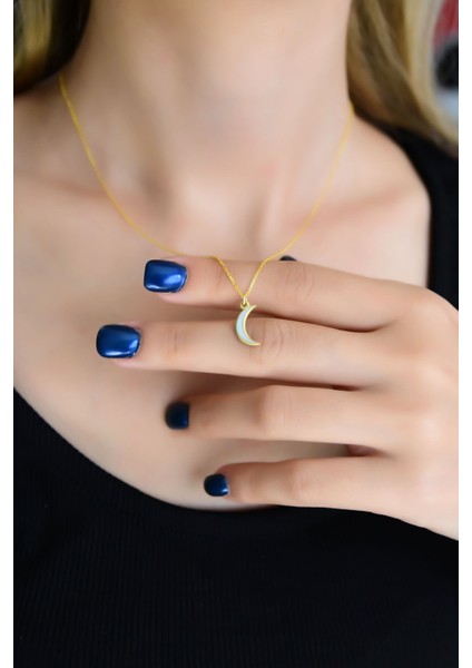 925 Ayar Gümüş Kaplama Beyaz Mineli Hilal Kadın Kolye fiyatları