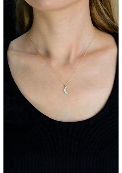 925 Ayar Gümüş Kaplama Beyaz Mineli Hilal Kadın Kolye modelleri