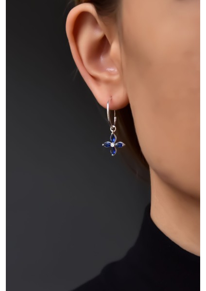 925 Ayar Gümüş Kaplama Lacivert Zirkon Taşlı Plumeria Halka Küpe fiyatları